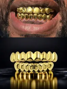 2pcs Full Mouth Mirror Finish Rose Black Silver Golden 8 Teeth Grillz – 18K Golden Plated Copper, High Shine Aesthetic Hip-Hop Teeth Jewelry for Black Women, Girls & Men. Perfect for Parties, Music Festivals, Couple Gifts & K-Pop Style Accessory