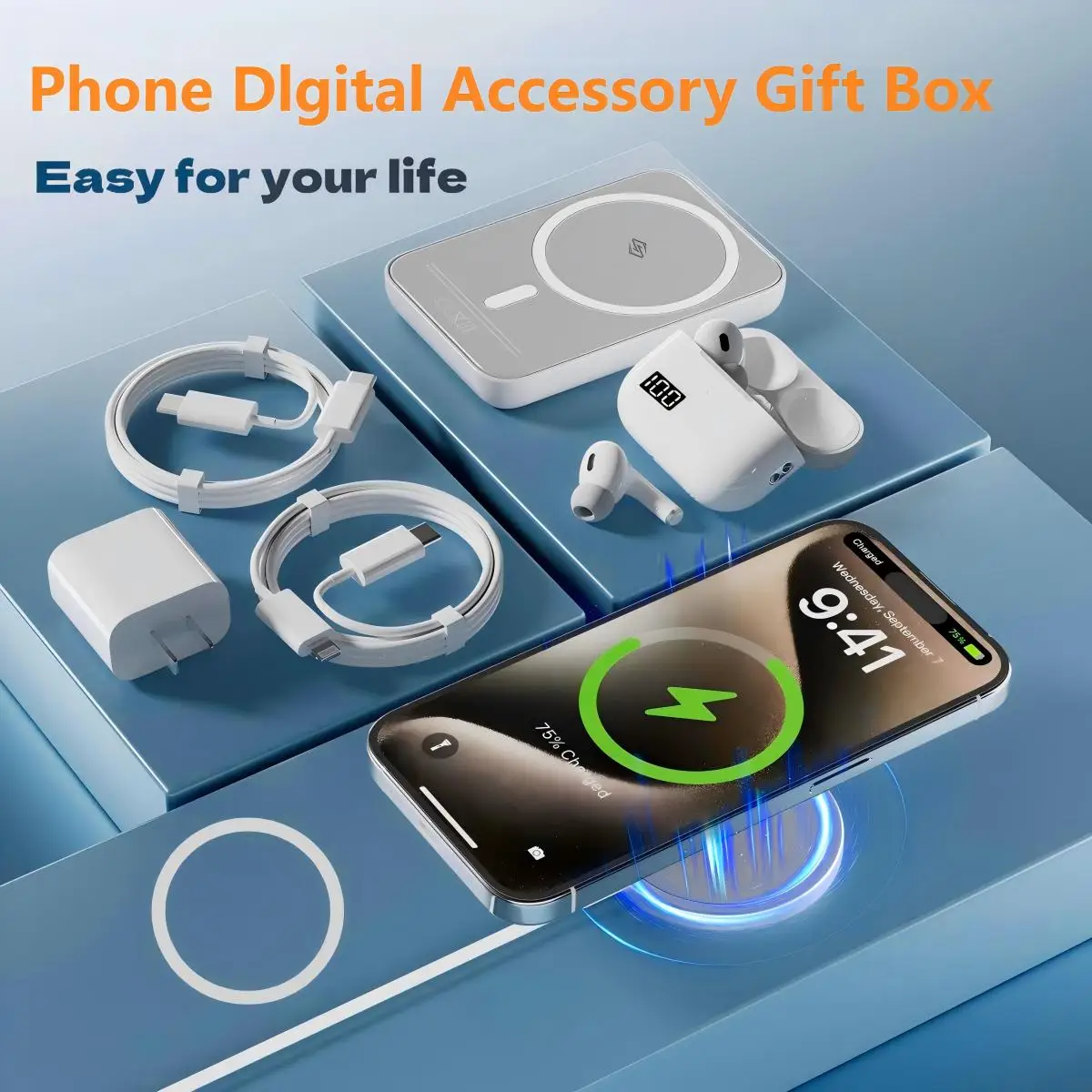 7-piece fast charging combination (10000mAh MagSafe mobile power bank + dual fast charging cable + wireless charger + earphones + magnetic ring + plug