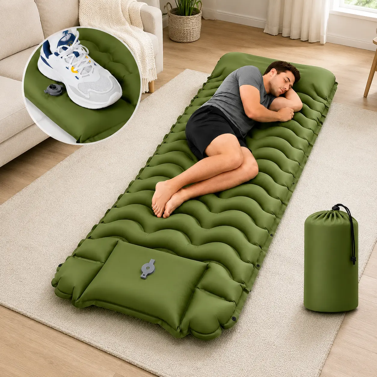 Inflatable Guest Sleeping pad with Built-In Foot Pump, 5-Inch Thick Connectable Sleeping Pad, Portable Floor Mattress for Overnight Guests, Camping,Hiking,Sleepovers, Home Emergency Use, Travel & Temporary Sleeping