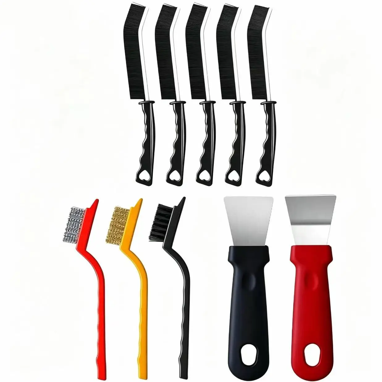 10Pcs Deep Cleaning Brush Set - 2 Heavy-Duty Dual-Color Scrapers for Scraping, 3 Small Stainless Steel & Brass Wire Brushes, 5 Long Nylon Crevice Tools with Curved Grip Ergonomic Design for Kitchen, Bathroom Gaps