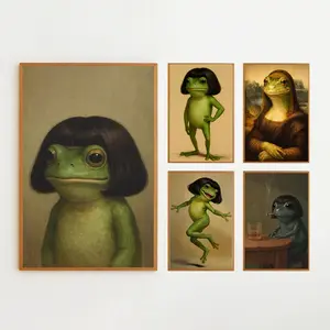 Fantastic portrait of a frog. Rough animal mural, a green frog with wavy hair, a unique home decoration art piece.