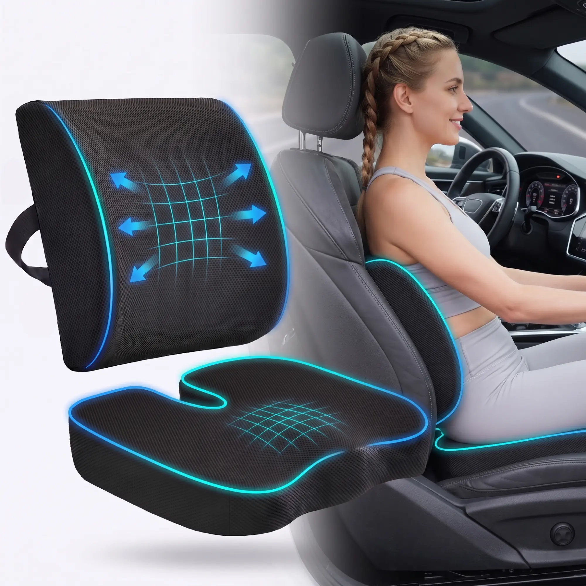 2-in-1 Ergonomic Memory Foam Seat Cushion Set - Breathable Lumbar & Tailbone Pain Relief for Office & Truck Drivers - Great Health Gift