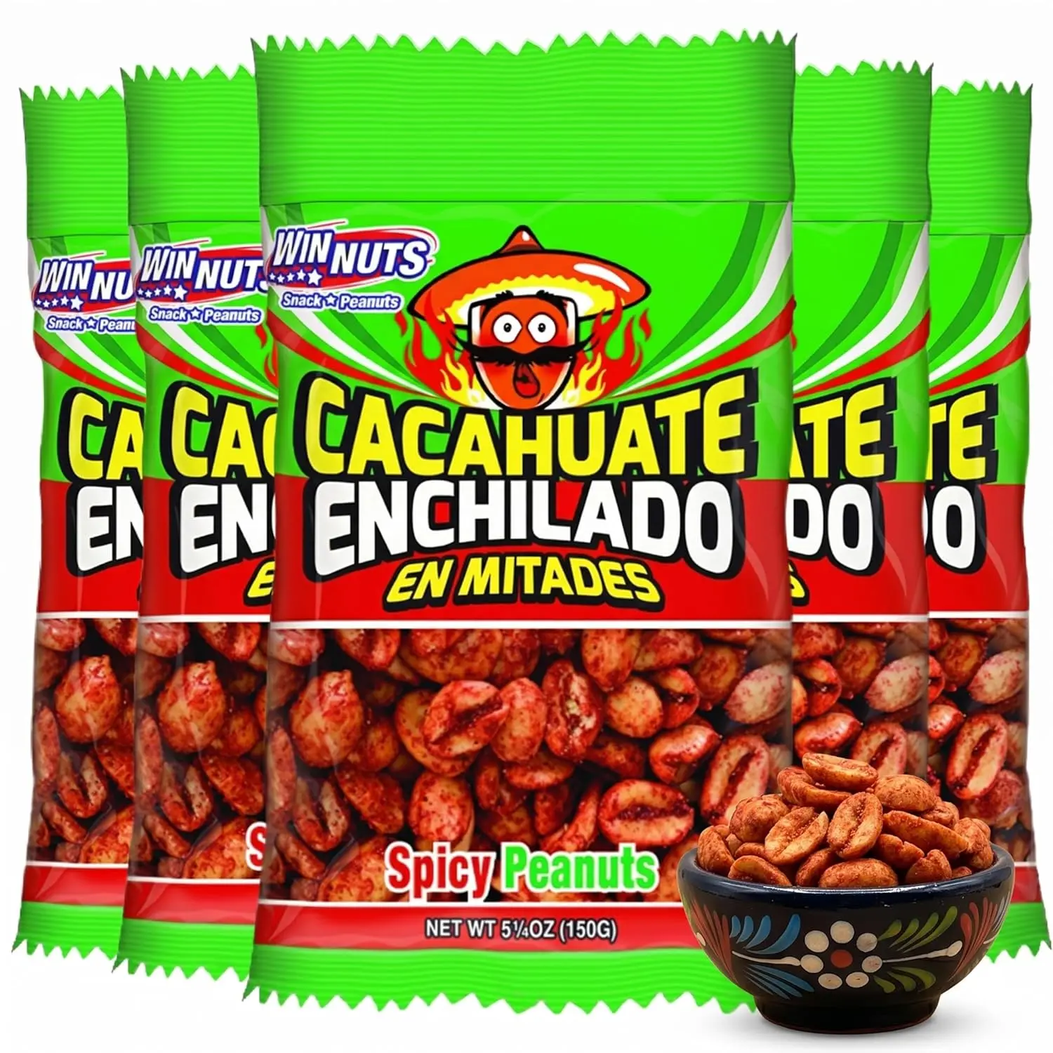 WINNUTS Spicy Peanuts Halves 5 Pack, 5.25 oz Each, Mexican Enchilado Peanuts with Chili Seasoning, Crunchy Savory Snack for Sharing