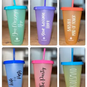 Personalized Color Changing Cups/Tumblers, Custom Name/Text Bridal Party Cups, Reusable Wedding Cups, Gift for Bridesmaid Bottle Drinkware