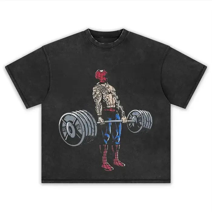 Men's Short-Sleeve Retro Gym-Inspired Crew Neck T-Shirt, Acid-Washed Top with Weightlifting Cartoon Hero Print, Trendy Fitness Fan Streetwear (Pairs with Trucker Hat, Chain Accessories)