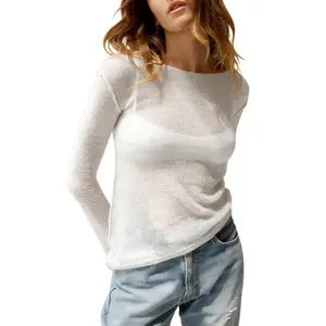 Imily Bela Womens Boat Neck Shirts Long Sleeve Lightweight Knit Pullover Sweaters Casual Sheer Blouse Tops