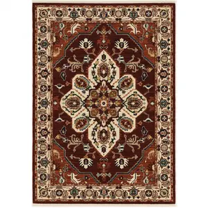 HomeRoots 509245 8 x 11 ft. Red Ivory Orange & Blue Oriental Power Loom Stain Resistant Rectangle Area Rug with Fringe