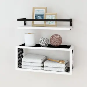 Floating Wood Shelves with Guardrail Rustic Brown Wall Mounted 2 Shelves Farmhouse Style for Bedrooms Bathrooms Dining Rooms 5.7D x 16.8W x 9.7H Storage Hooks Removable Hooks