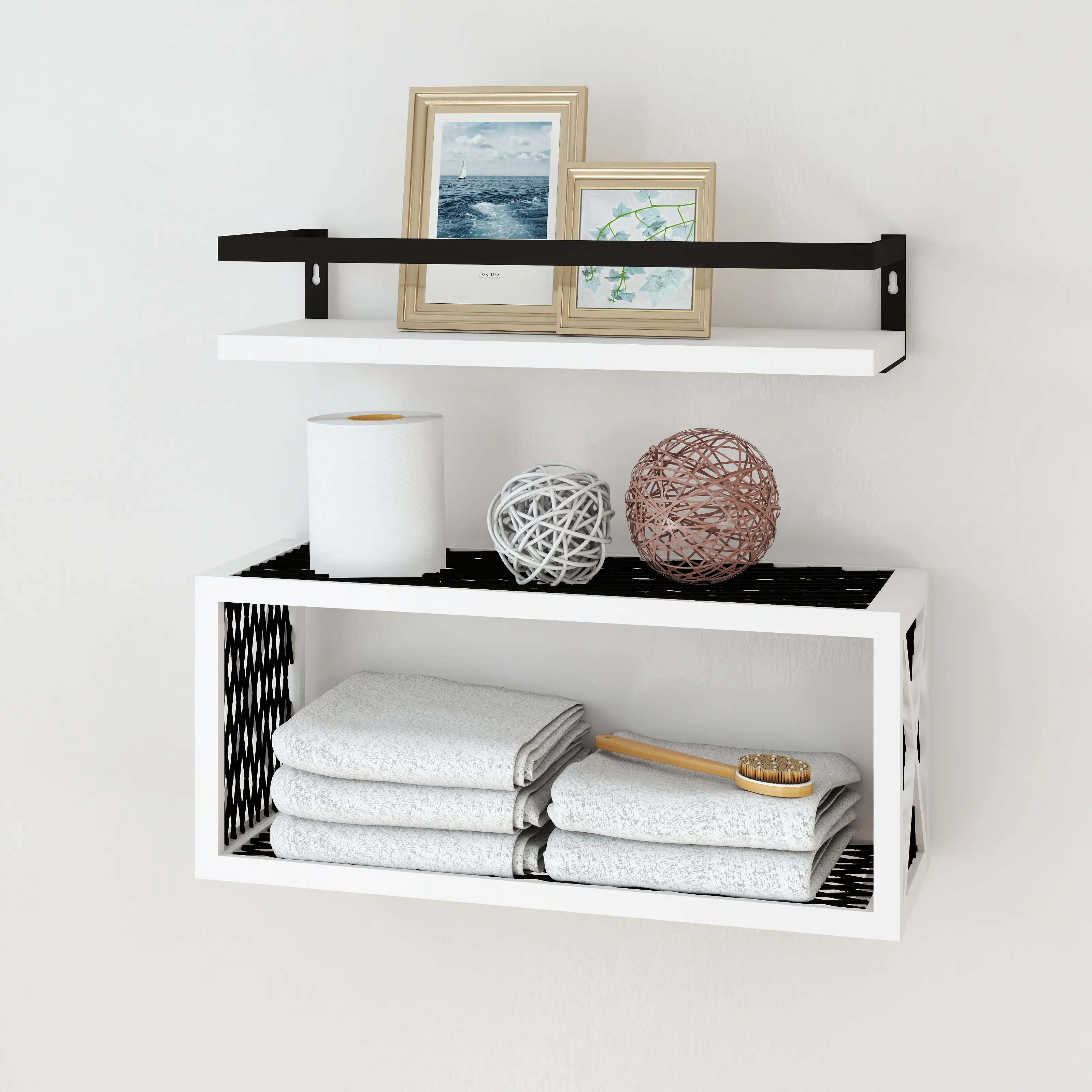 Rustic Brown Plain Durable Hanging Shelf - Home Supplies 2 Wall-Mount Organizer Shelves with Guardrail, Removable Hooks, 5.7"D x 16.8"W x 9.7"H Decor for Bedrooms, Bathrooms