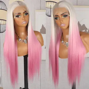 QD-Tizer Two Tone Color Ombre Pink Hair 13x4 Synthetic Lace Front Wigs For Women HD Glueless Free Part Blonde And Pink Color Synthetic Heat Resistant Fiber Hair Wig Pre Plucked 28 Inch