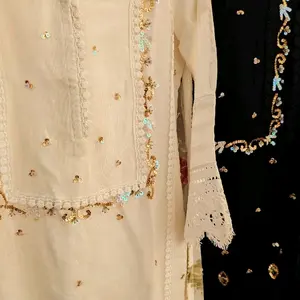Hand Painted & Embroidered Khadi Net 3 Pcs Pakistani Designer Dresses with Intricate Gold Embellishments