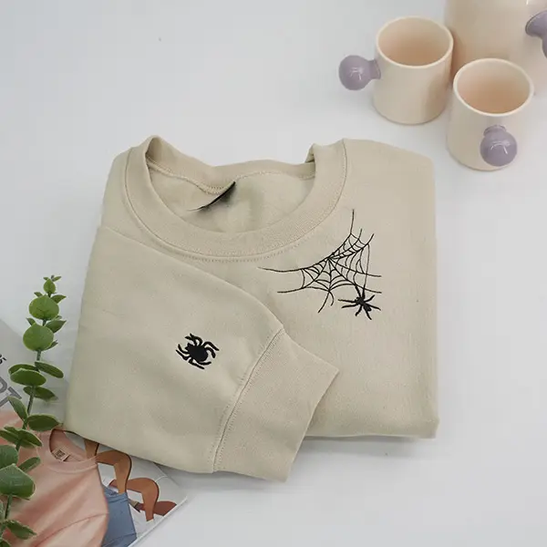 Embroidered Spiderweb Sweatshirt, Spooky Halloween Crewneck Sweatshirt, Cute Spider Embroidered Women Pullover