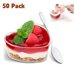 Viral Heart Shaped Mini Plastic Tasting Bowls 50Pcs With Spoons, Multi-Purpose Small Food Serving Cups For Wedding Buffet Party Gathering, Ideal For Mousse Pudding Appetizer Snack & Daily Kitchen Food Arrangement
