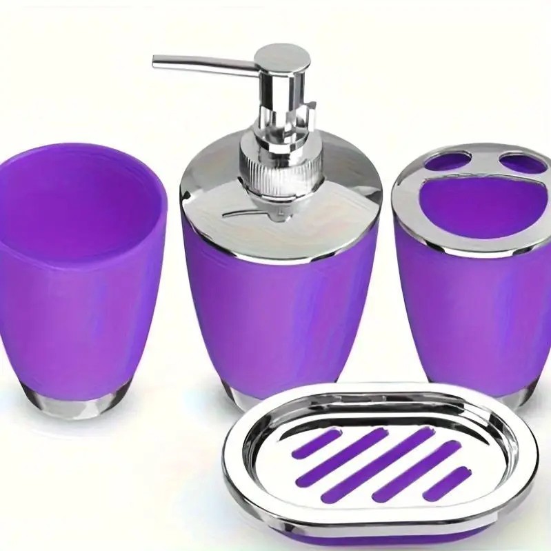 4pcs Luxury Bathroom Accessory Set - Premium Quality, Modern Style - Complete with Trash Can, Toilet Brush, Lotion Dispenser, Soap Dish, Mouthwash Cup & Toothbrush Holder - Space-Saving, Easy to Clean