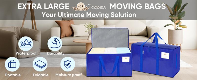 CasaBella 24 Gallon Extra Large Heavy Duty Foldable Moving Bags With Carrying Handles, Zippers and Tag Pocket, Outdoor Camping, water proof Organiser