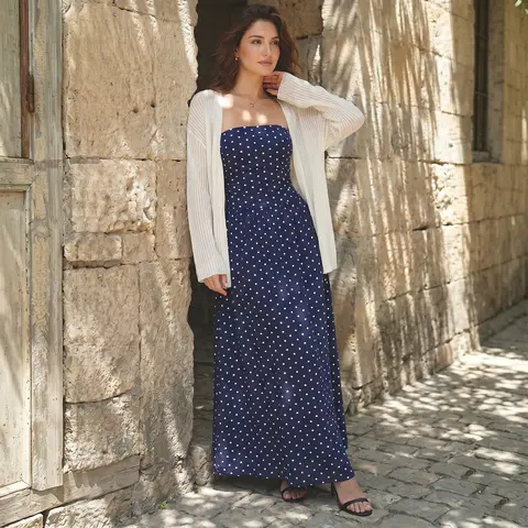 Chicovar Women's Polka Dot Strapless Maxi Dress, Flowy Fall Dress, Chic Smocked Back, A-Line, Casual, Vacation Beach Dress, Sohochic, Thanksgiving, Christmas