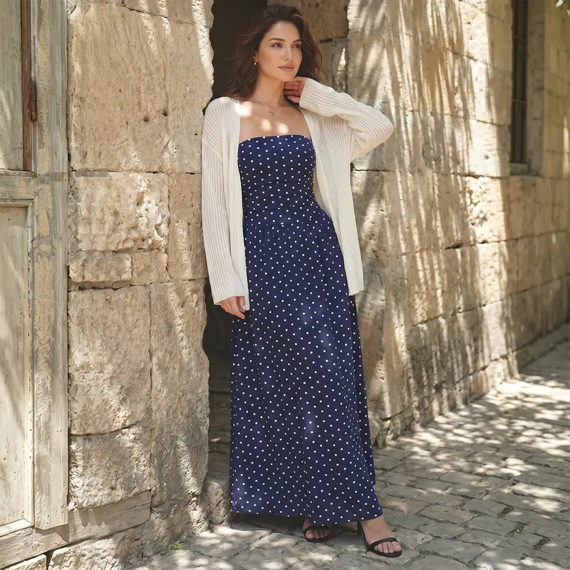 Chicovar Women's Polka Dot Strapless Maxi Dress, Flowy Fall Dress, Chic Smocked Back, A-Line, Casual, Vacation Beach Dress, Sohochic, Thanksgiving, Christmas