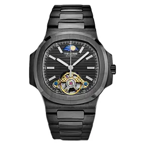 TEVISE Men's Automatic Mechanical Watch - Large retro square black dial, transparent case, stainless steel strap, alloy case, tourbillon, casual style, perfect gift for Valentine's Day, birthday or Father's Day, men's watch, high-quality craftsmanship
