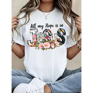Womens Faith Graphic Short Sleeve Tee All My Hope Is in Jesus Floral Patchwork Print Crewneck Casual Summer Top for Church Sunday Worship Easter Outfit