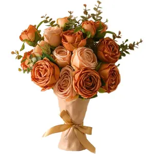 Artificial Flowers in Vase,Fake Rose Flowers with Vase,Faux Flower Arrangement with Vase for Home Office Decoration, Dining Table Centerpiece