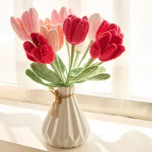 Handmade Crochet Tulip Bouquet 10Pcs Everlasting Artificial Flower Cute Room Home Decor Perfect Gift for Her Vase Not Included