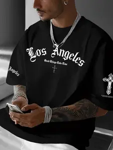 Men's Classic Versatile Letter Cross Pattern Print T-Shirt, Summer Round Neck Short Sleeve Loose Casual Comfort Top for Outdoor Wear