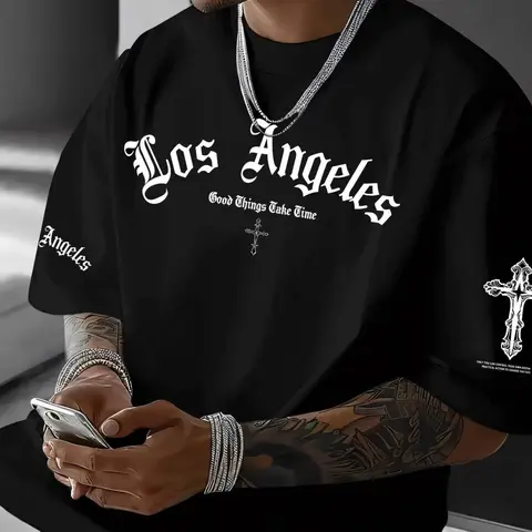 Men's Classic Versatile Letter Cross Pattern Print Oversized T-Shirt, Summer Round Neck Short Sleeve Casual Comfort Top for Outdoor Wear Streetwear Beach Life Tee
