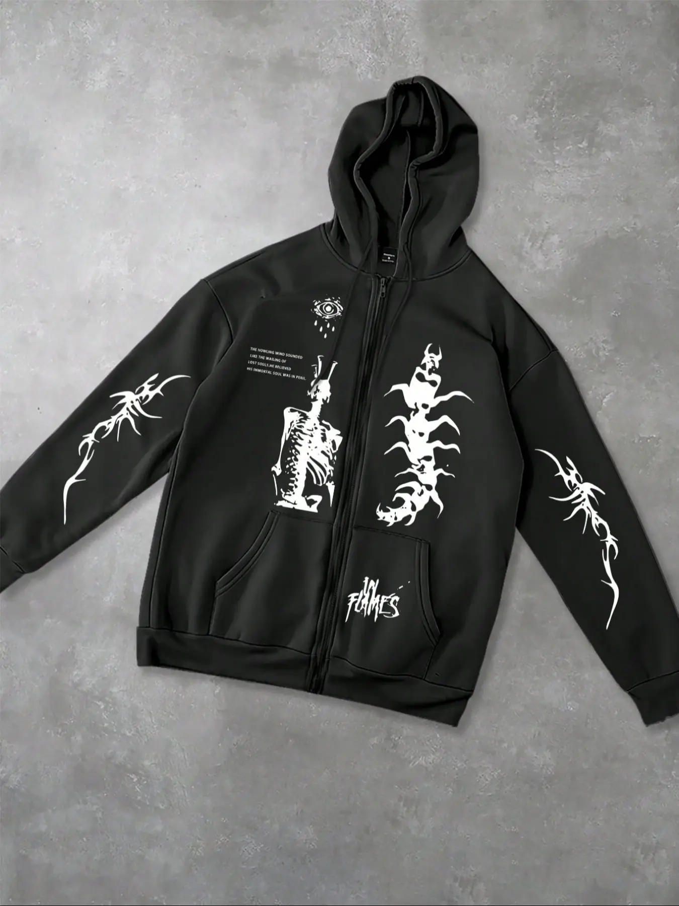 Men's Casual Loose-Fit Hoodie Jacket with Zipper, Punk Style Streetwear, Thorn Skeleton Print Design, Ideal for Outdoor & Daily Wear