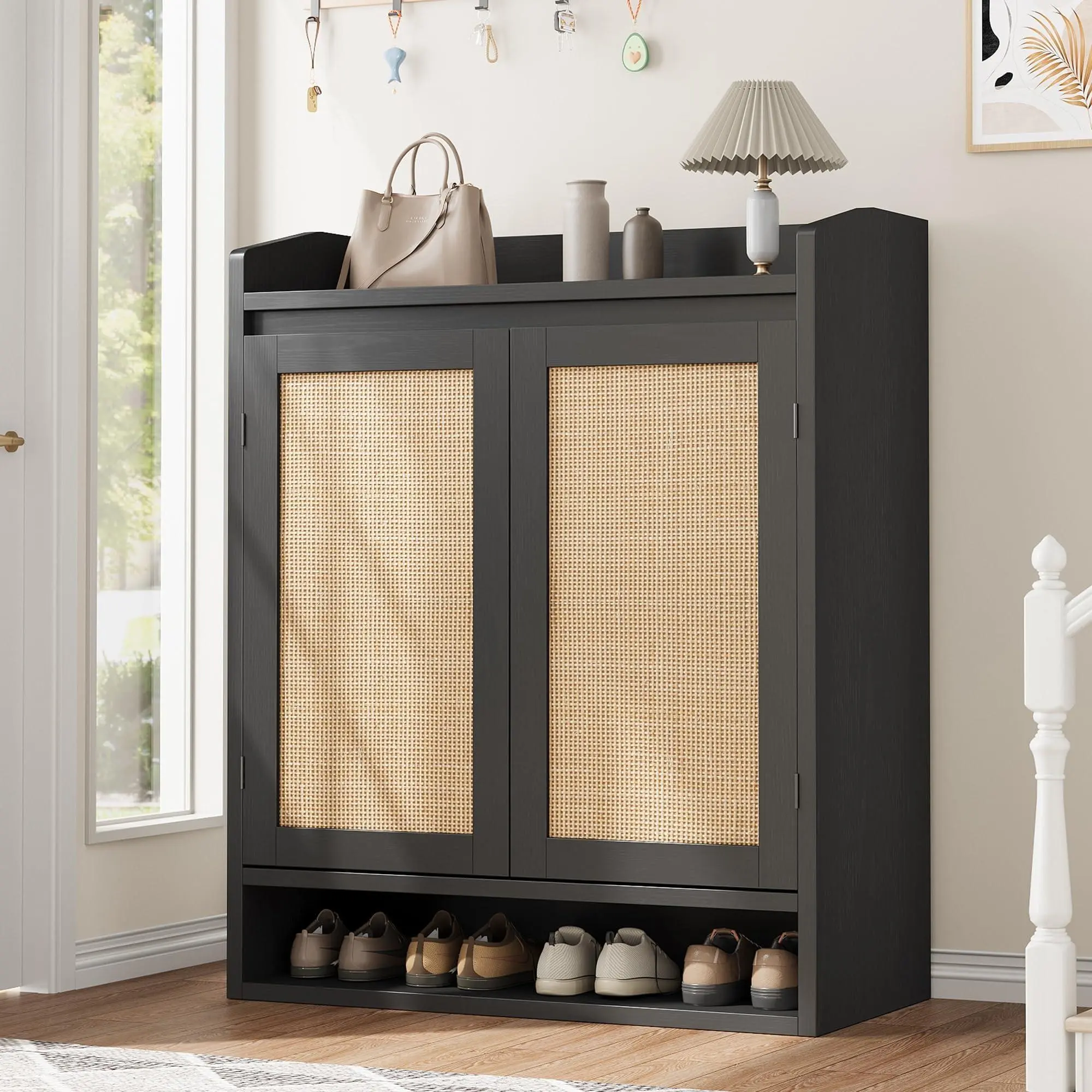 Boho Rattan Wardrobe - Black Waterproof Dustproof Shoe Cabinet with Closed Doors, 39.4” Height, 31.5” Width, Adjustable Shelves for Entryway, Hallway