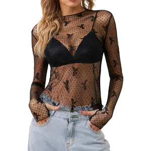 Lace Tops for Women Long Sleeve Sexy Mesh Top Going Out Dressy Sheer Top See Through