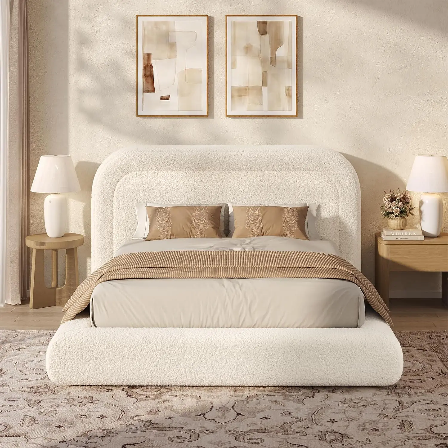 ADORNEVE Queen Bed Frame - Upholstered Platform Bed Frames with 5.9" Curved Round Headboard & 5" Foam Cushion, Ideal for Young Adults & Pet Families