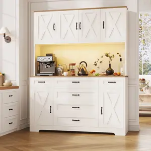 B FUSOU 71" Tall Homestorage Pantry Cabinet with LED Lights & Charging Station, Farmhouse Kitchen Hutch with 6 Drawers & Adjustable Shelves, Spacious Storage Cabinet for Dining Room, White