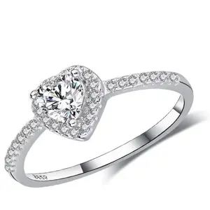 Heart Cut CZ Halo Engagement Ring, Silver Plated Promise Ring for Women