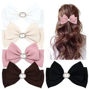 5 Pieces Decorative Big Bow French Hair Barrettes with Pearl Rhinestone Spring Hair Bow Clips Pins Grips Accessories for Women Girls