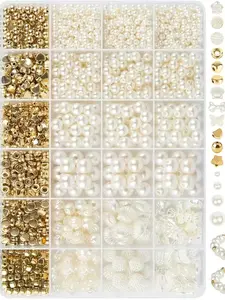 1000 Elegant and Gold Acrylic Pearl Beads Set, Polished Mixed Shapes and Sizes, 24 Grid Storage Box, Ideal Valentine's Gift