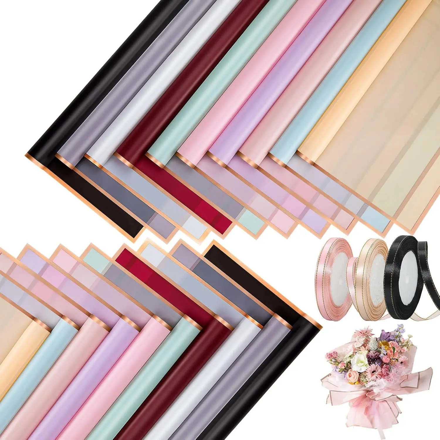 100 Sheets Flower Wrapping Paper with Pure Color Flower Bouquet Wrapping Paper for  DIY Crafts Packaging, 22.8x22.8 inch (10 Colors) with 3 Ribbons