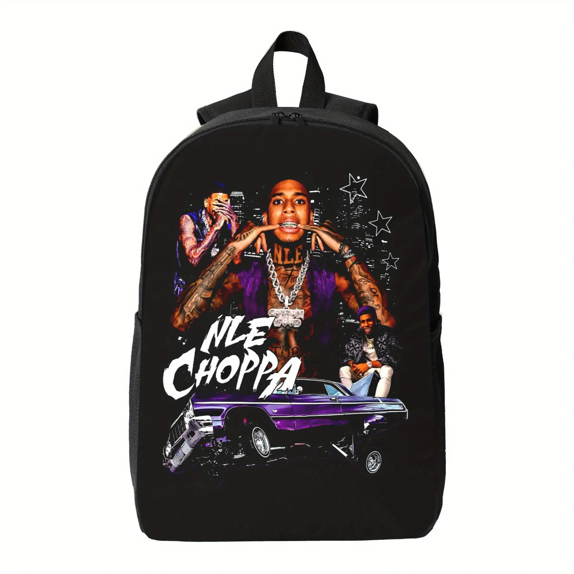 NLE Choppa Purple Car & Cartoon Character Backpack - Foldable Lightweight Design, Adjustable Straps, Zipper Closure, Polyester Lining, Casual Style for Daily Commute & Storage, Backpack for School, Commuter Bag, Bold Graphic Bag, Durable Zipper Bag