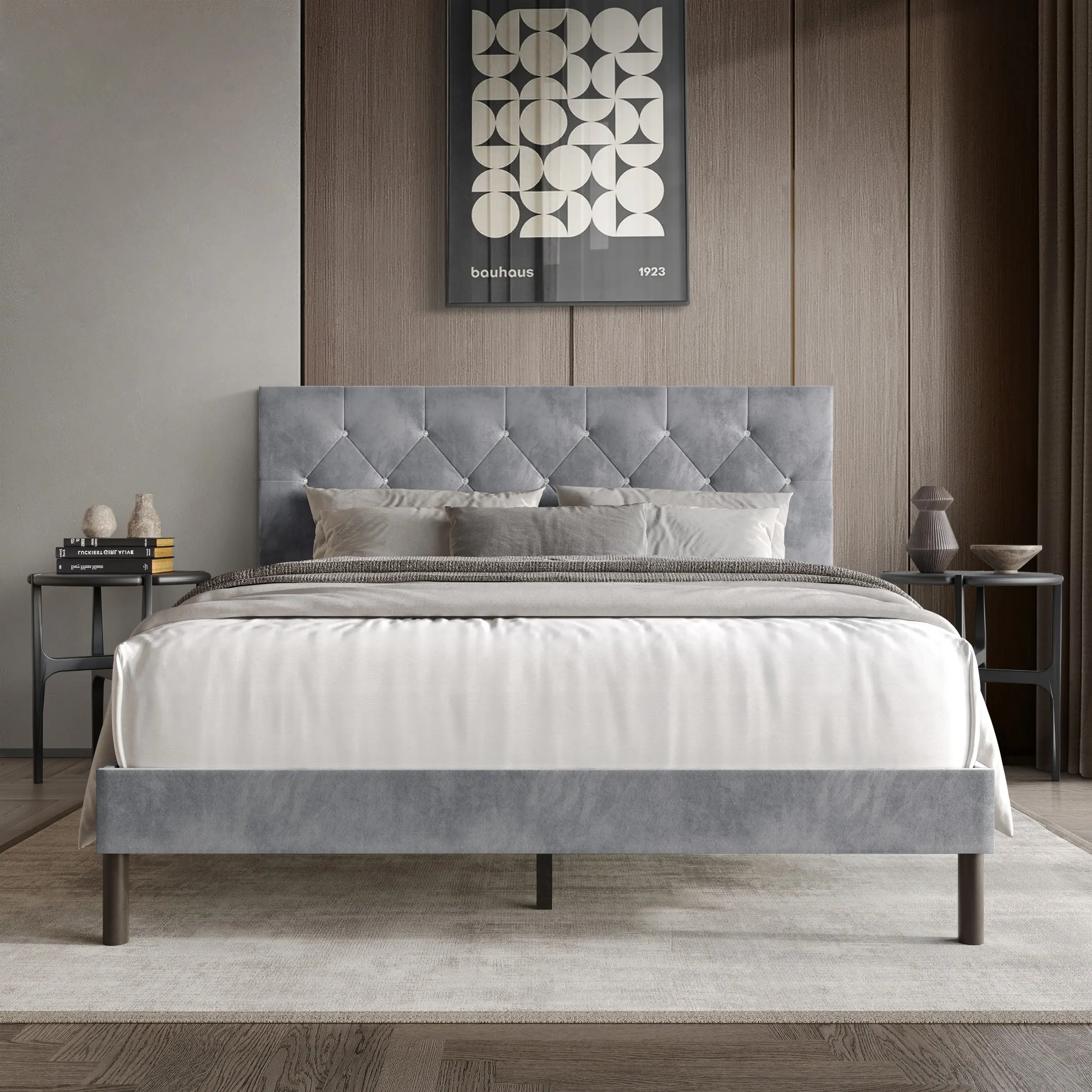 Favorer Groton Tufted Velvet Fabric Upholstered Panel Bed Frame with Headboard, Modern Bedroom Furniture Set, Box Spring Required (Fits King/Queen Size Furniture Bed Frames)