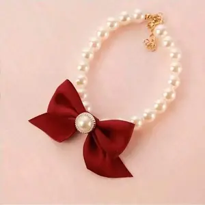 Cute Pearl Bow Tie Necklace for Dogs and Cats, Pet Christmas Decoration, 1pc Pet Cat Pearl Necklace, Adorable Pet Accessory