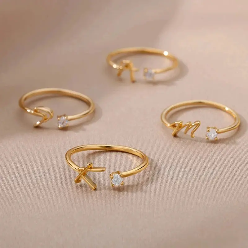Tiny Fashion A-Z Alphabet Initial Jewelry Stainless Steel Rings For Women Men Couple Rings