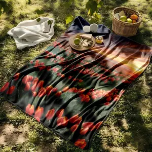 1 piece A sea of red tulips blooming under the sunset themed flannel blanket - Modern-style all-season flannel blanket, suitable for sofas and beds, super soft and comfortable, digital print design, 100% polyester material, machine washable, ideal