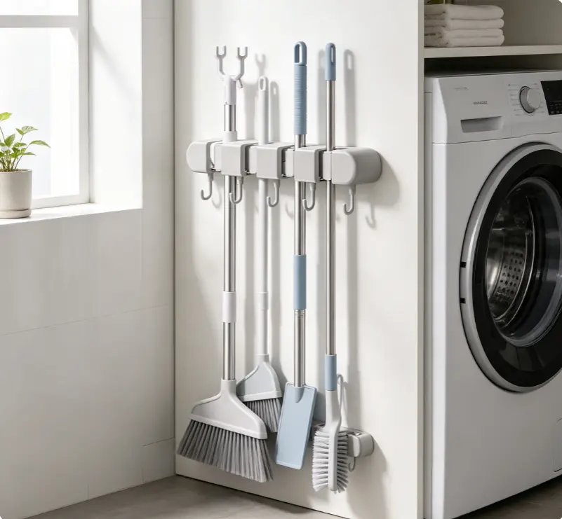 1pc No-Drill Wall-Mounted Mop Holder — Broom Rack with 4 Slots and 5 Hooks — Non-Marking Bathroom Broom And Mop Organizer Wall Hanging — Self-Adhesive Wall Mount — Moisture-Proof, Durable Storage Solution for Kitchens, Bathrooms, and Closets
