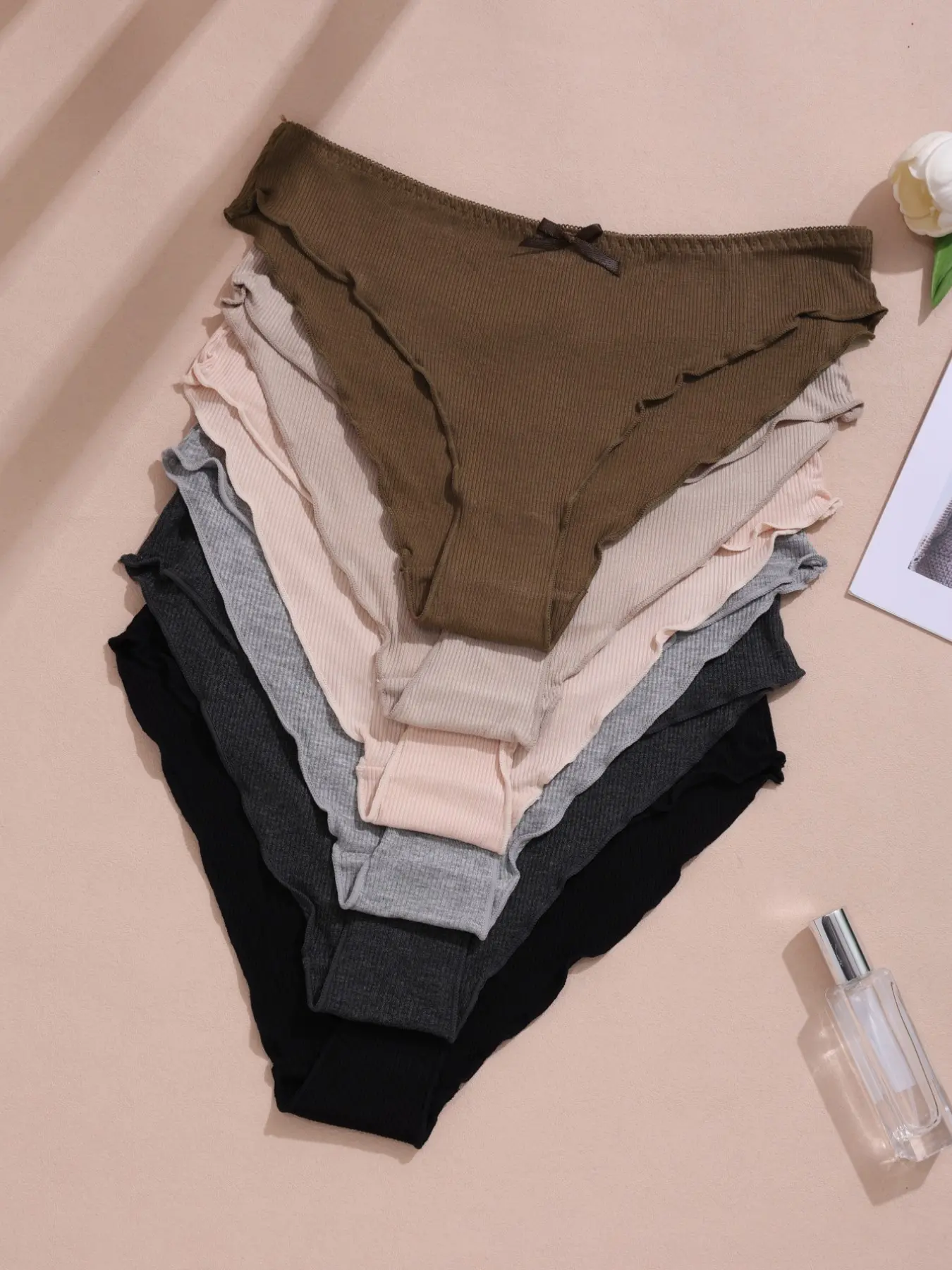 Women's Low Waist Bow Tie Triangle Panties, Basic Breathable Ribbed Knit Underwear, Casual Fitted Design, All Seasons Wear