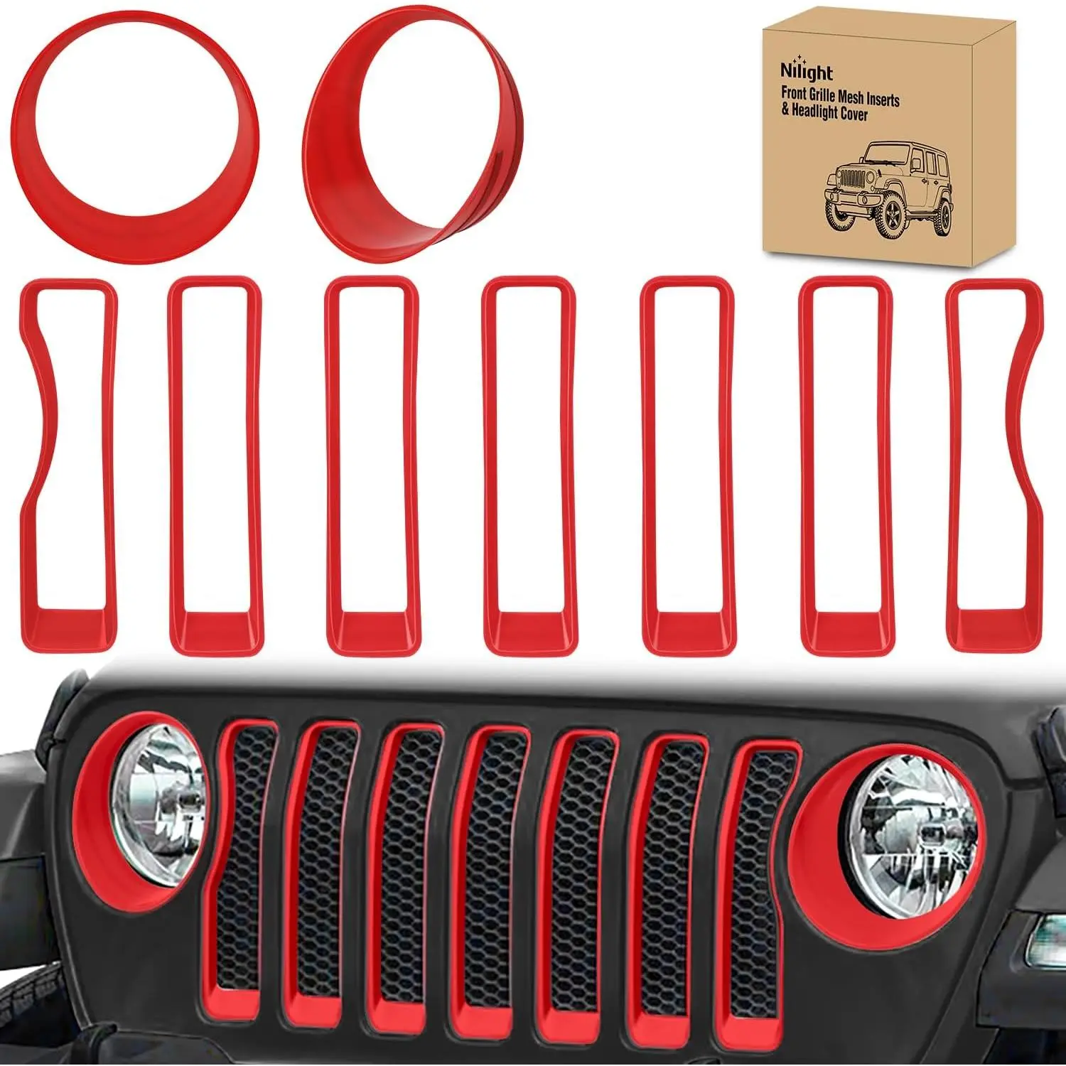 Nilight Red 9-Pcs Grill Inserts & 2-Pcs Headlight Cover Set - High-Strength ABS Plastic Front Grille Bezels Trim, Stick-On Tool-Free Exterior Accessories for Jeep Wrangler JL/JLU/Unlimited Sport SportS 2018-2023