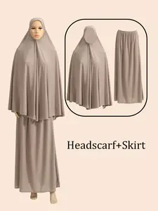 Women's Dress Set, 2pcs Muslim Style Soft Fabric Comfortable Fit, Plain Pattern All Season Wear, Modest Design Headscarf & Skirt Combo