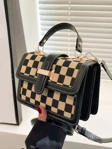 Women's Elegant Checkerboard Pattern Crossbody Bag, Fashionable Plaid Pattern Handbag with Adjustable Strap, Trendy Commuter Bag, Fashionable Patterned Bag