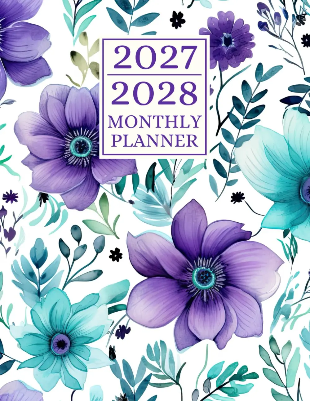 2027-2028 Monthly Planner 2 Year Calendar 8.5 x 11 Large Size with Holiday Reminders  from JANUARY to DECEMBER 24 Month Organizer Schedule  Purple Flower