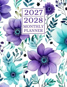 2027-2028 Monthly Planner 2 Year Calendar 8.5 x 11 Large Size with Holiday Reminders  from JANUARY to DECEMBER 24 Month Organizer Schedule  Purple Flower