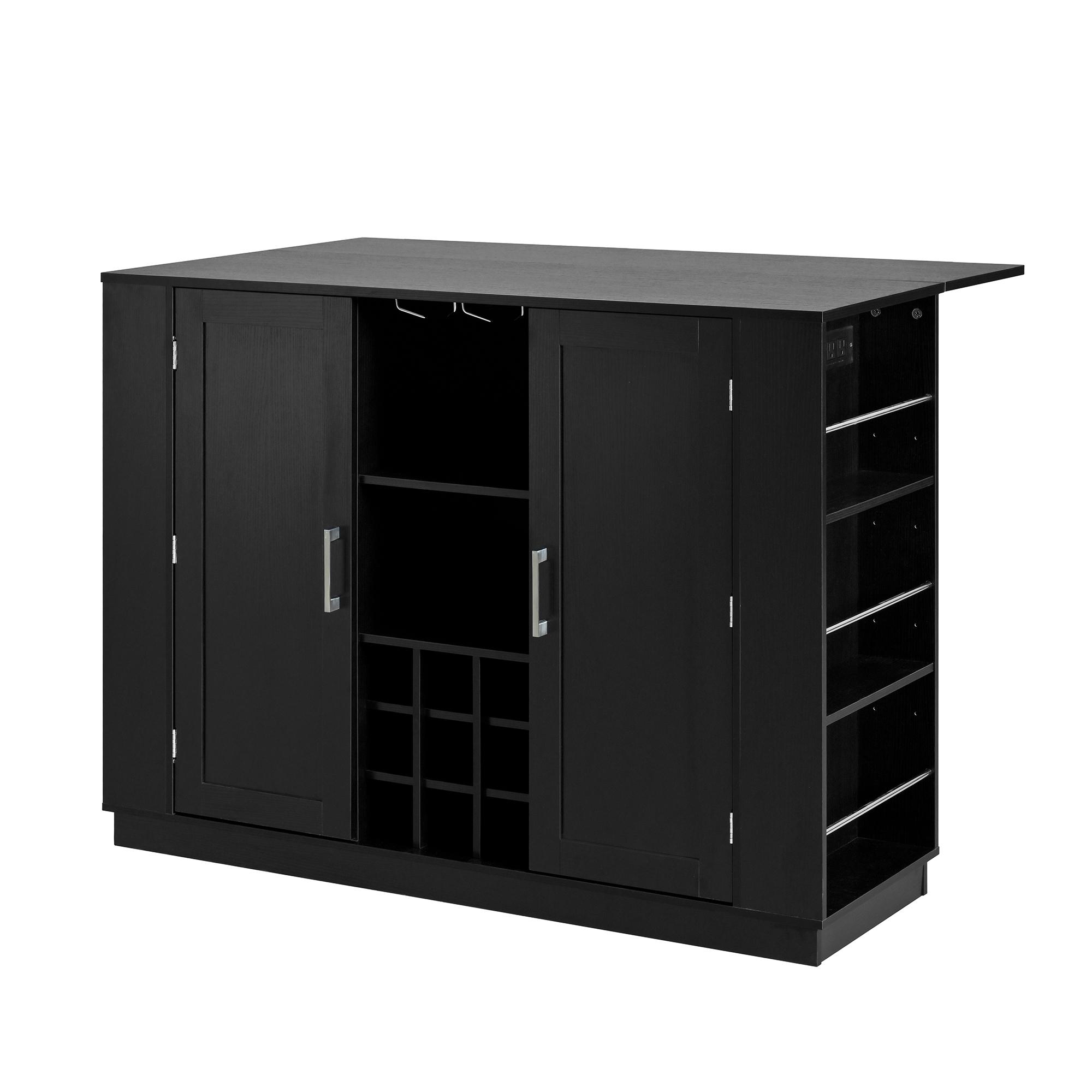 47.2" Multi-functional Extendable Kitchen Island with Drop Leaf, Built-in Power Outlet, Home Coffee Bar Wine Cabinet with Bottle Rack & Glass Holder, 2-Door Buffet Sideboard with Open Side Storage Shelves, Water-resistant Easy Clean MDF, Space Saving