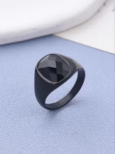 Dark Style Men's Black Gold Plated Ring, 316L Stainless Steel + Black Agate, Matte & Glossy Contrast, Fits Streetwear/Business Outfits